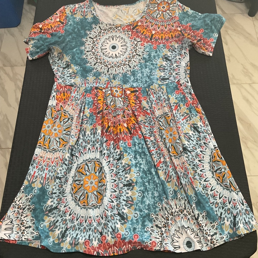 Boho Mandala Print Empire Waist Pocket Dress Teal Orange‎ Womens Plus 20W